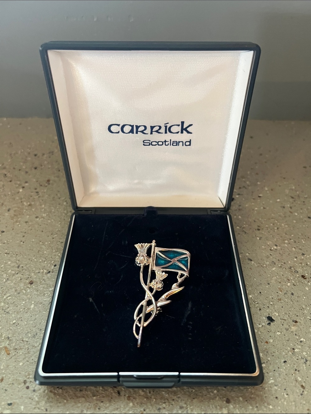 Carrick Scotland Thistle Brooch with Blue Enamel Saltire